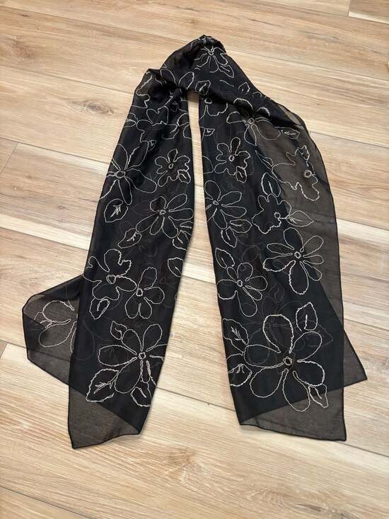 Unbranded Accessories - Black Sheer Silk Floral Embroidered Scarf Wrap
